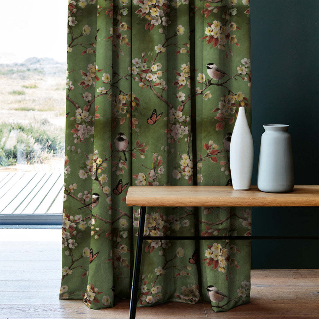 Blossoming Birds Floral Olive Heavy Satin Room Darkening Curtains Set Of 2 - (DS225G)