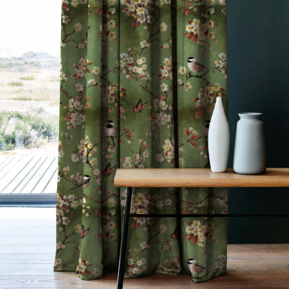 Blossoming Birds Floral Olive Heavy Satin Room Darkening Curtains Set Of 2 - (DS225G)