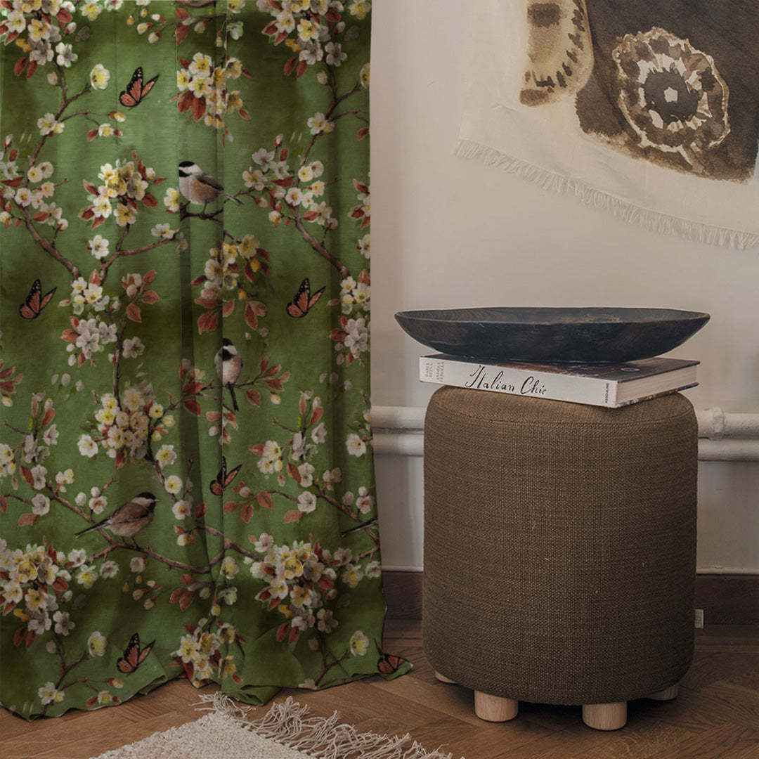 Blossoming Birds Floral Olive Heavy Satin Room Darkening Curtains Set Of 2 - (DS225G)