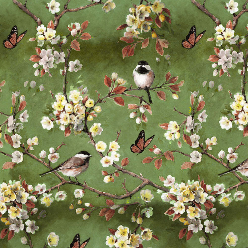 Blossoming Birds Floral Olive Heavy Satin Room Darkening Curtains Set Of 2 - (DS225G)