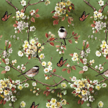 Blossoming Birds Floral Olive Heavy Satin Room Darkening Curtains Set Of 2 - (DS225G)