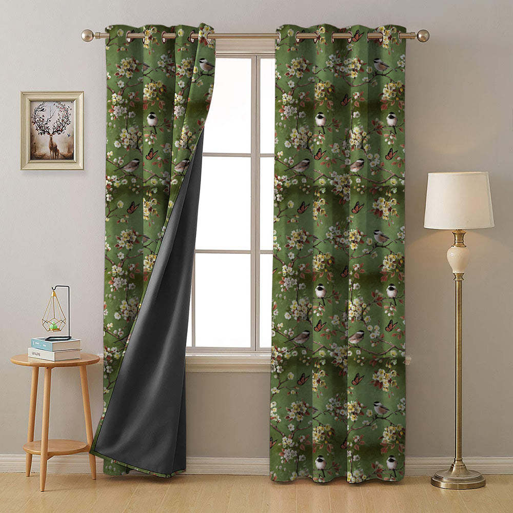 Blossoming Birds Floral Olive Heavy Satin Room Darkening Curtains Set Of 2 - (DS225G)