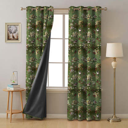 Blossoming Birds Floral Olive Heavy Satin Room Darkening Curtains Set Of 2 - (DS225G)