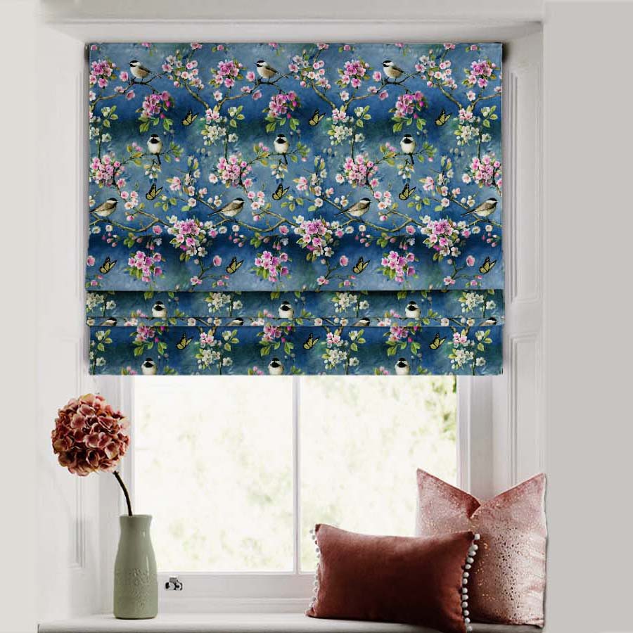 Blossoming Birds Floral Space Blue Satin Roman Blind (DS225H)