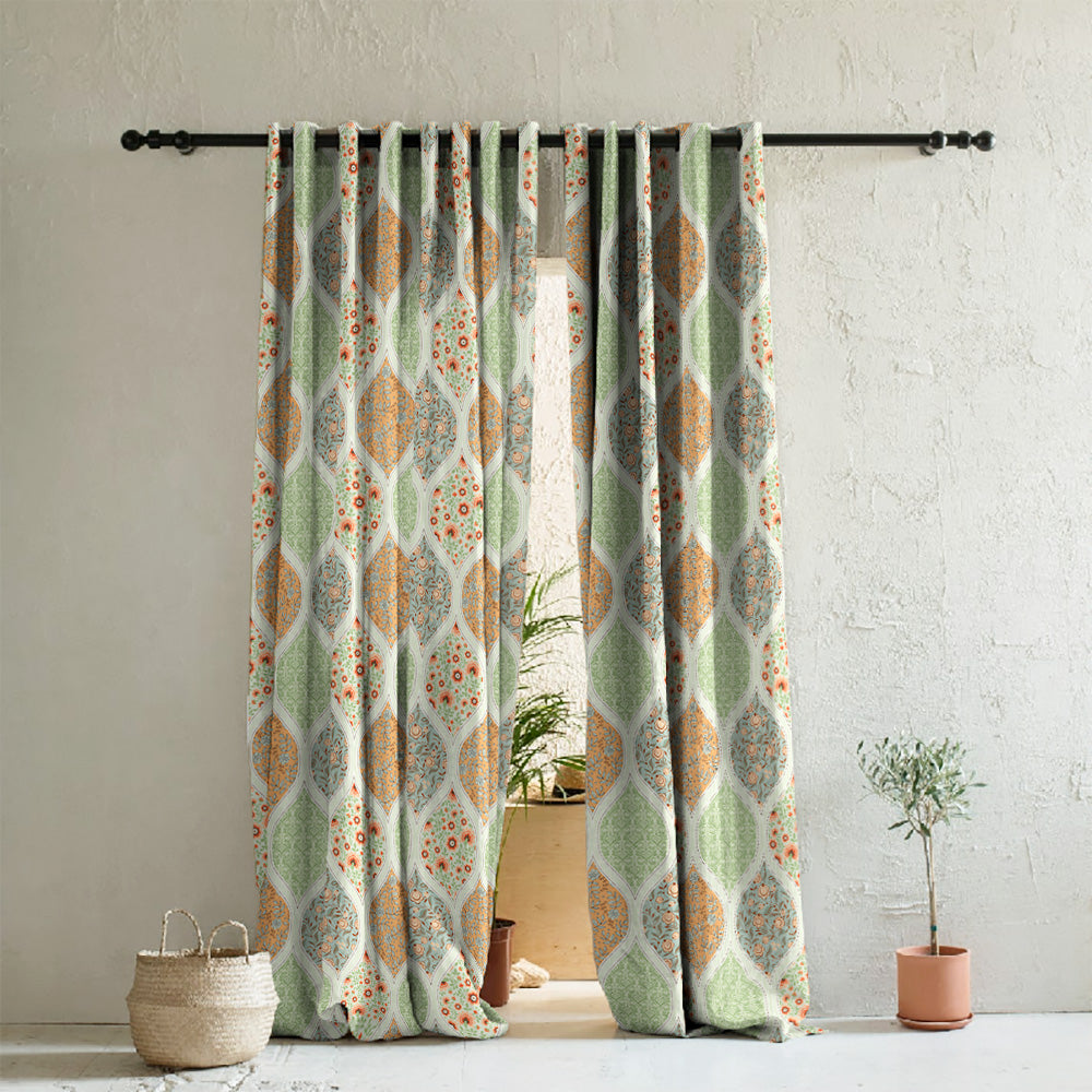 BloomBlock Floral Grass Green Heavy Satin Room Darkening Curtains Set Of 2 - (DS236B)