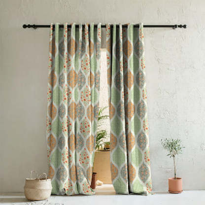 BloomBlock Floral Grass Green Heavy Satin Room Darkening Curtains Set Of 2 - (DS236B)