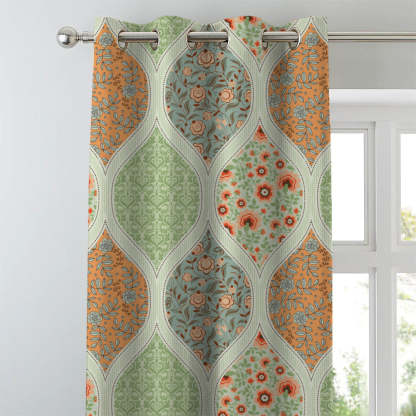 BloomBlock Floral Grass Green Heavy Satin Room Darkening Curtains Set Of 2 - (DS236B)