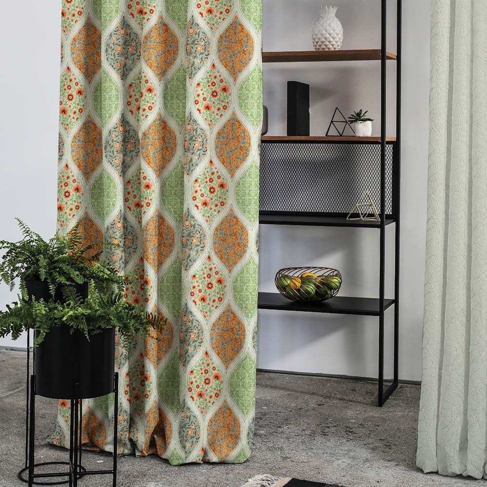 BloomBlock Floral Grass Green Heavy Satin Room Darkening Curtains Set Of 2 - (DS236B)