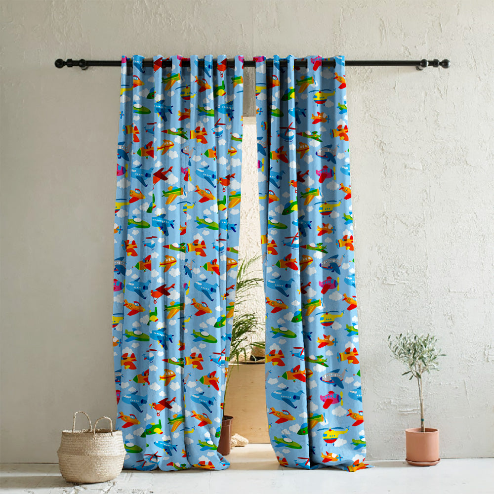 Aero Funland Kids Light Blue Heavy Satin Room Darkening Curtains Set Of 2 - (DS245A)
