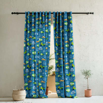 Vroom Vroom Fun Kids Slate Blue Heavy Satin Room Darkening Curtains Set Of 2 - (DS252B)