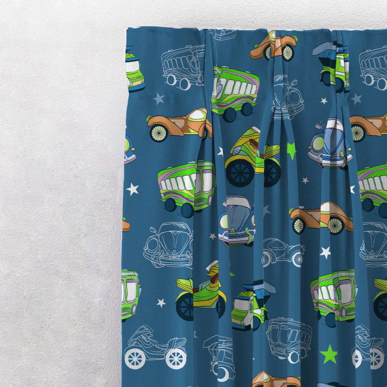 Vroom Vroom Fun Kids Slate Blue Heavy Satin Room Darkening Curtains Set Of 2 - (DS252B)