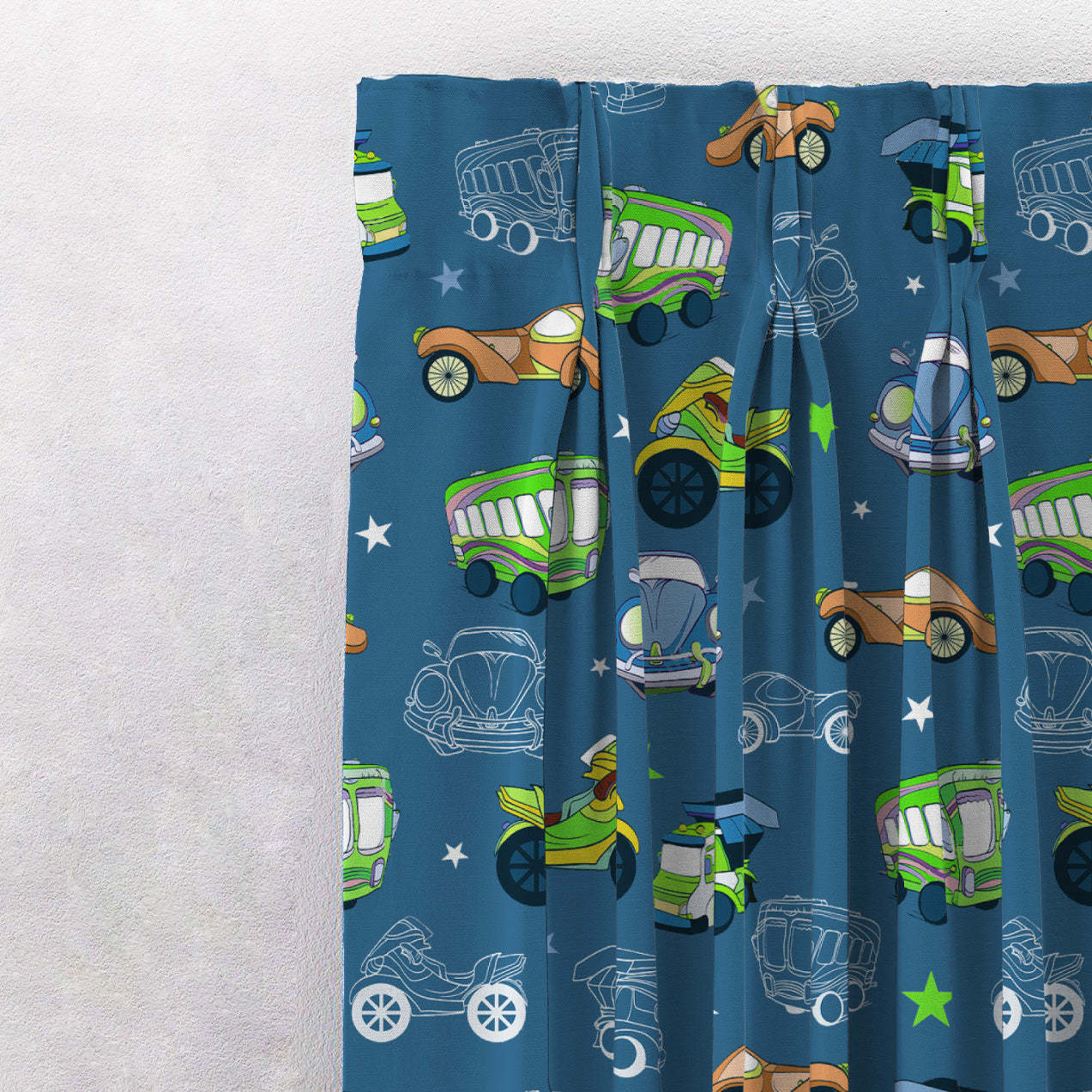 Vroom Vroom Fun Kids Slate Blue Heavy Satin Room Darkening Curtains Set Of 2 - (DS252B)