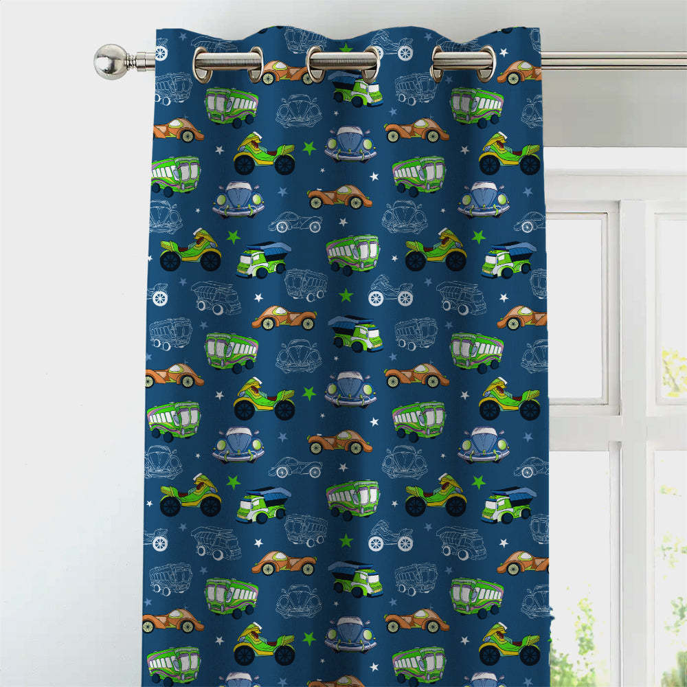 Vroom Vroom Fun Kids Slate Blue Heavy Satin Room Darkening Curtains Set Of 2 - (DS252B)