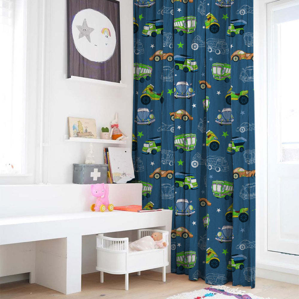 Vroom Vroom Fun Kids Slate Blue Heavy Satin Room Darkening Curtains Set Of 2 - (DS252B)