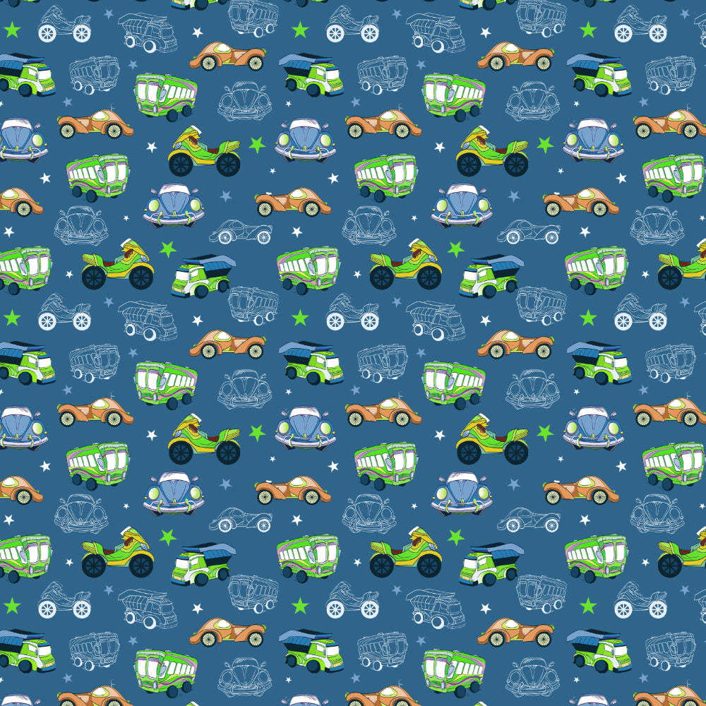 Vroom Vroom Fun Kids Slate Blue Heavy Satin Room Darkening Curtains Set Of 2 - (DS252B)