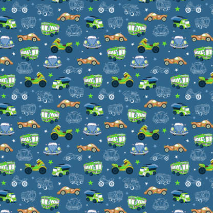 Vroom Vroom Fun Kids Slate Blue Heavy Satin Room Darkening Curtains Set Of 2 - (DS252B)