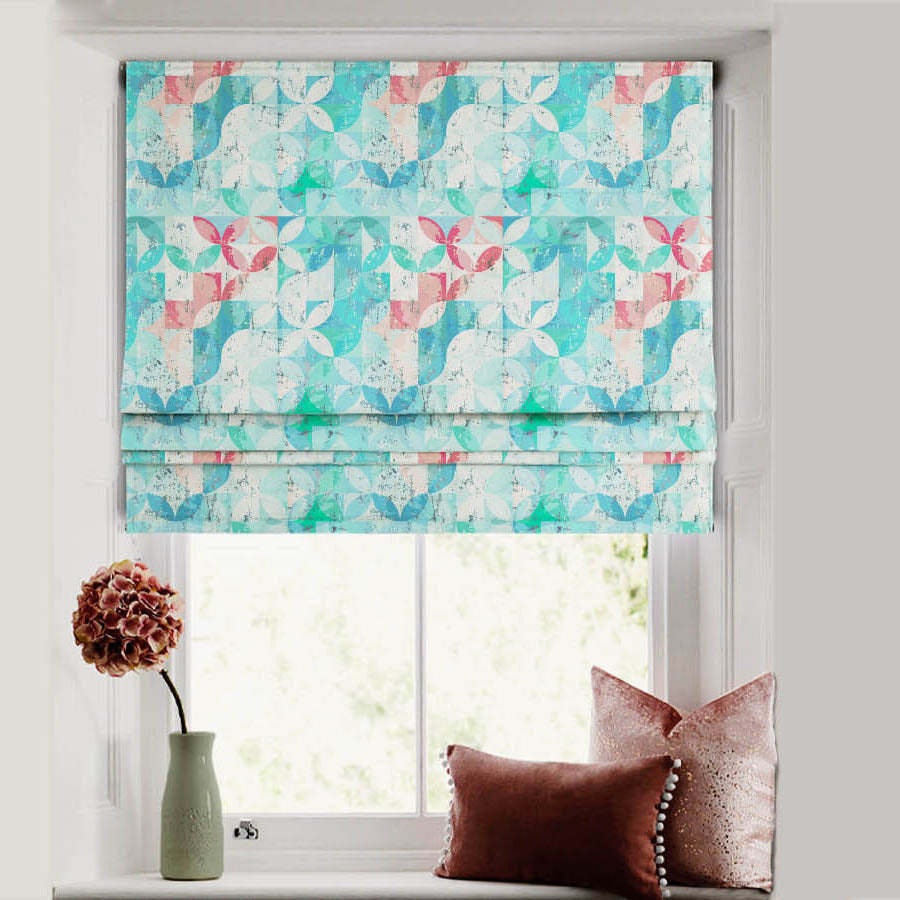 Artful Tiles Geometric Teal Satin Roman Blind (DS254B)