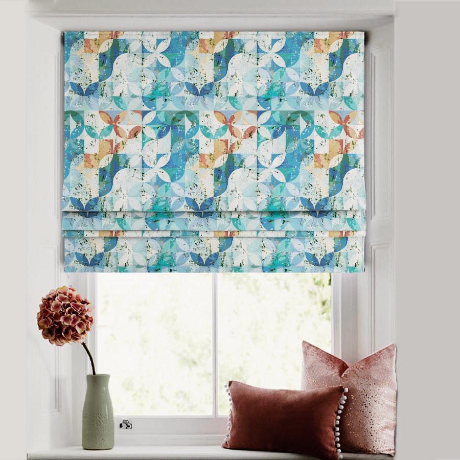 Artful Tiles Geometric Turquoise Satin Roman Blind (DS254E)