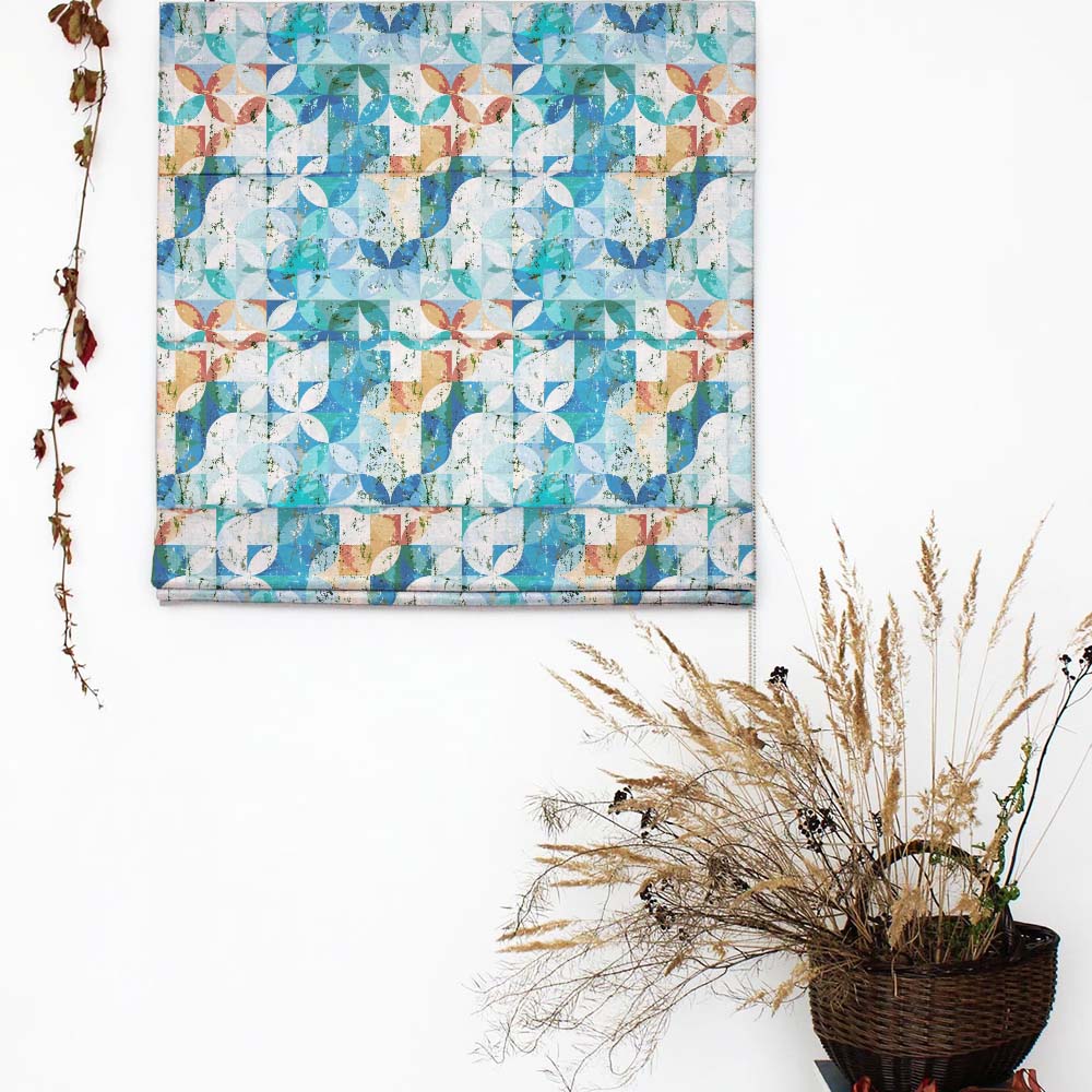 Artful Tiles Geometric Turquoise Satin Roman Blind (DS254E)