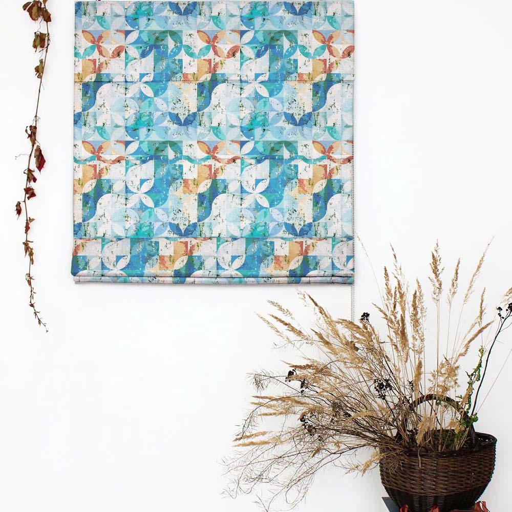 Artful Tiles Geometric Turquoise Satin Roman Blind (DS254E)