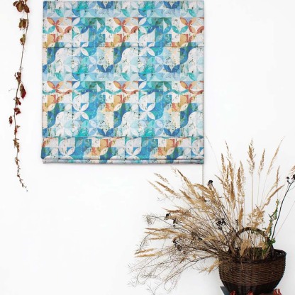 Artful Tiles Geometric Turquoise Satin Roman Blind (DS254E)