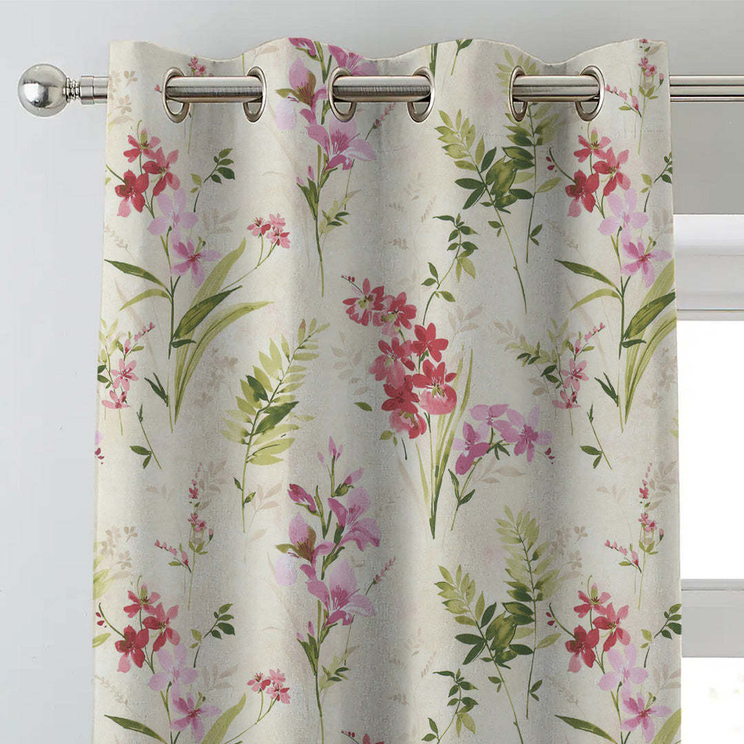 Lovely Lavender Floral Pale Beige Heavy Satin Blackout Curtains Set Of 2 - (DS260A)