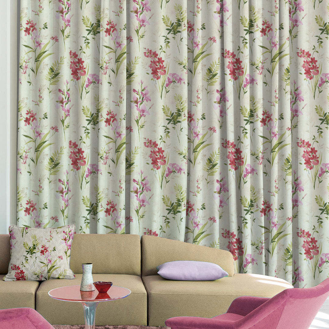 Lovely Lavender Floral Pale Beige Heavy Satin Blackout Curtains Set Of 2 - (DS260A)