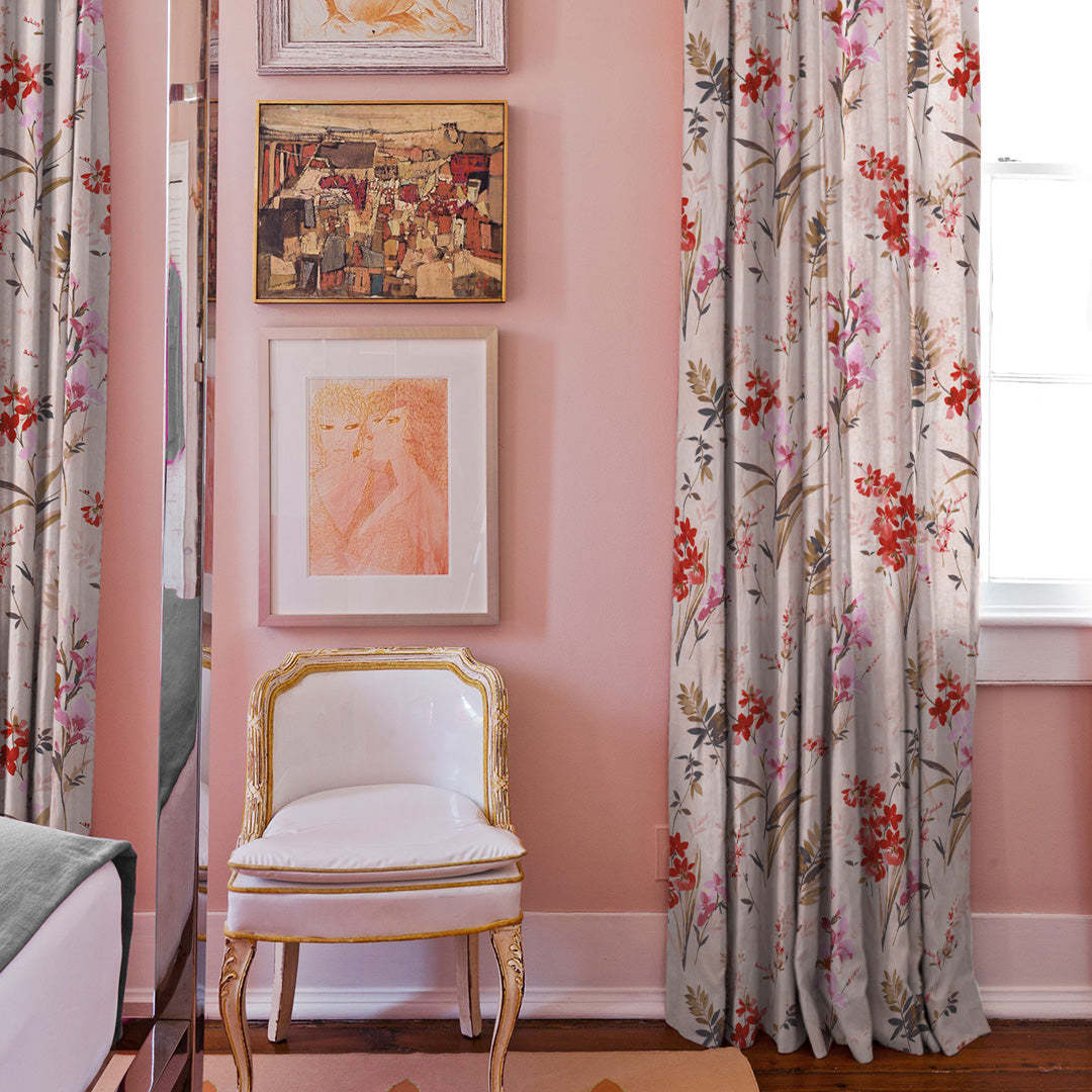 Lovely Lavender Floral Rose pInk Heavy Satin Room Darkening Curtains Set Of 2 - (DS260E)