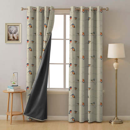 Vine Charm Floral Khaki Beige Heavy Satin Blackout Curtains Set Of 2 - (DS261B)