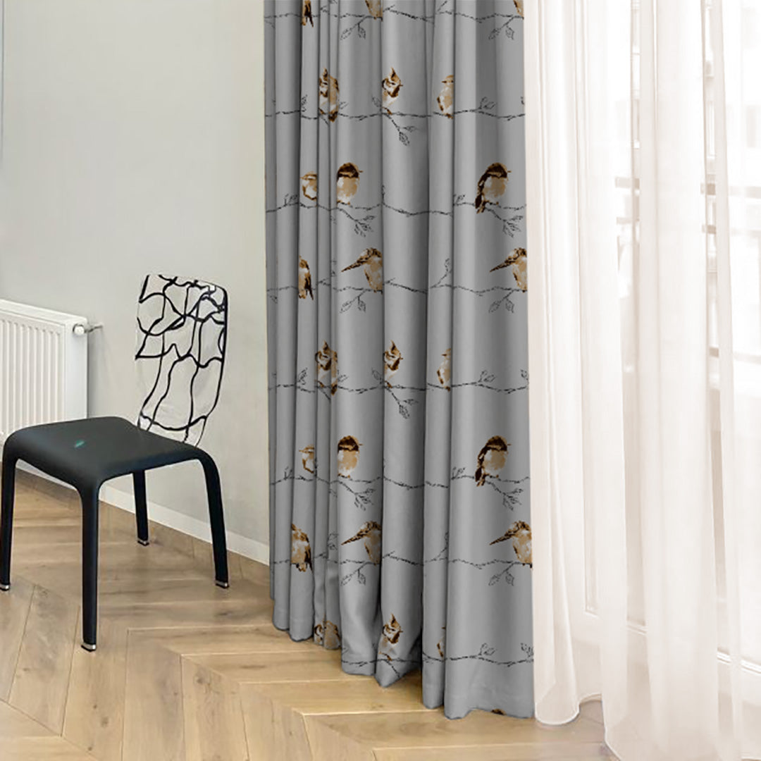 Vine Charm Floral Slate Grey Heavy Satin Room Darkening Curtains Set Of 2 - (DS261C)