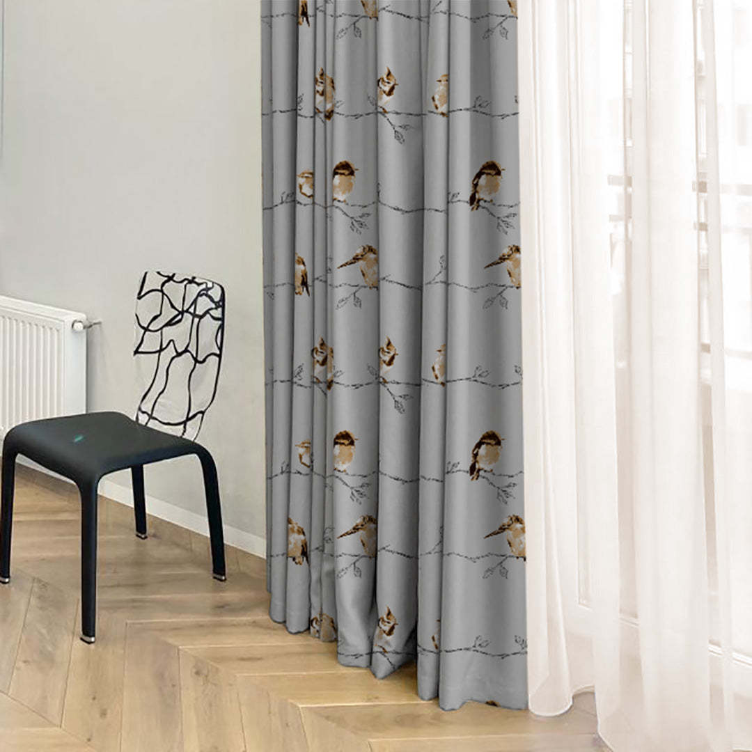 Vine Charm Floral Slate Grey Heavy Satin Room Darkening Curtains Set Of 2 - (DS261C)