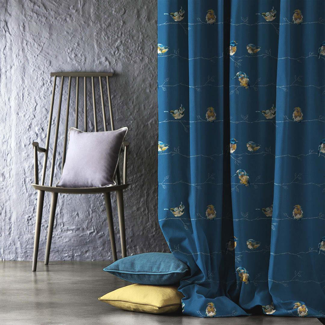 Vine Charm Floral Space Blue Heavy Satin Room Darkening Curtains Set Of 2 - (DS261F)