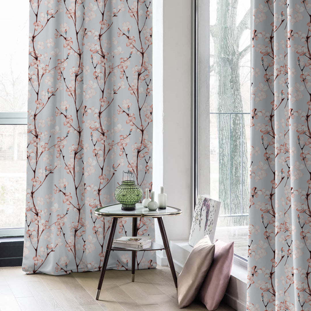Cherry Charm Floral Soft Pink Heavy Satin Blackout curtains Set Of 2 - (DS263A)