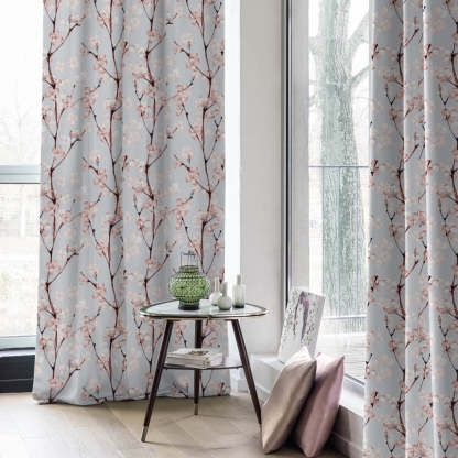 Cherry Charm Floral Soft Pink Heavy Satin Blackout curtains Set Of 2 - (DS263A)