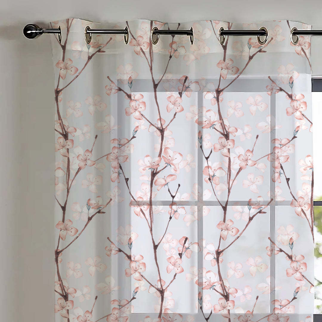 Elegant Floral Print Sheer Semi Transparent Curtain - Set of 2 -DS263A