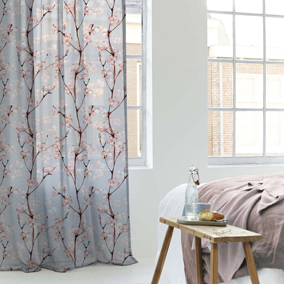 Elegant Floral Print Sheer Semi Transparent Curtain - Set of 2 -DS263A