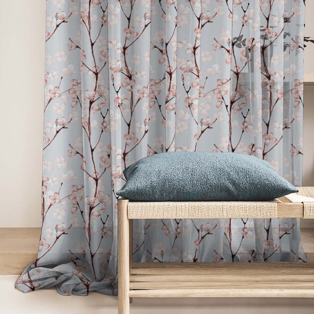 Elegant Floral Print Sheer Semi Transparent Curtain - Set of 2 -DS263A