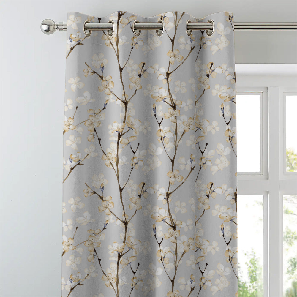 Cherry Charm Floral Pastel Yellow Heavy Satin Blackout curtains Set Of 2 - (DS263B)