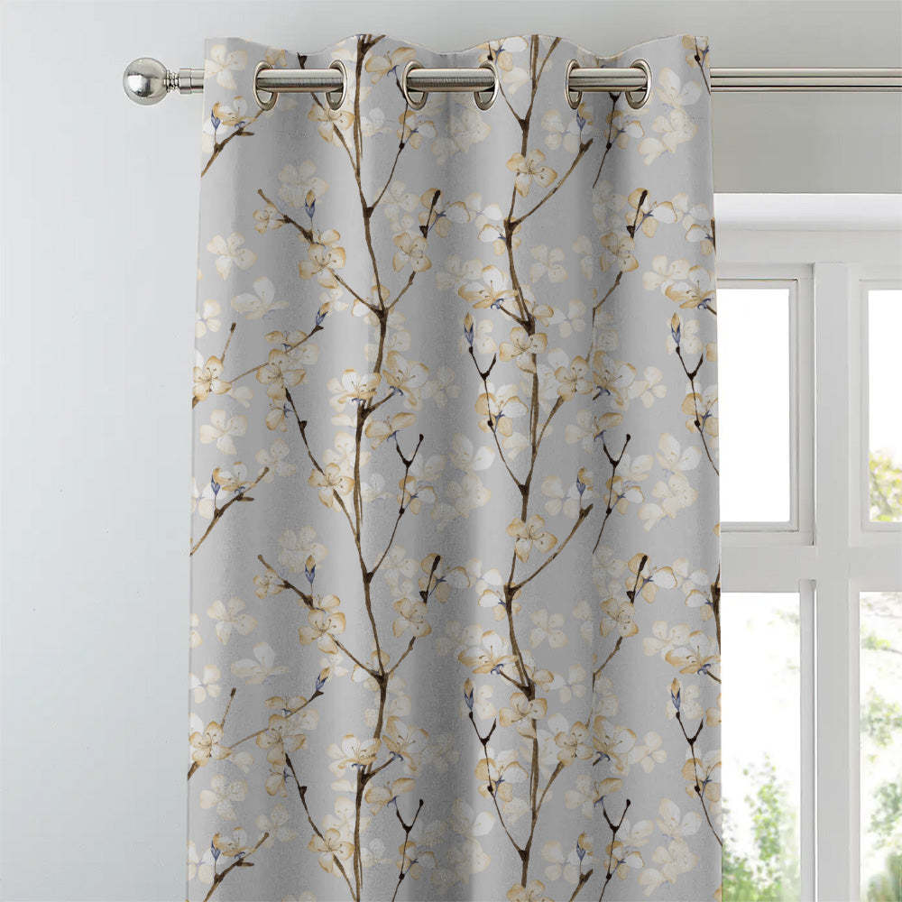 Cherry Charm Floral Pastel Yellow Heavy Satin Blackout curtains Set Of 2 - (DS263B)