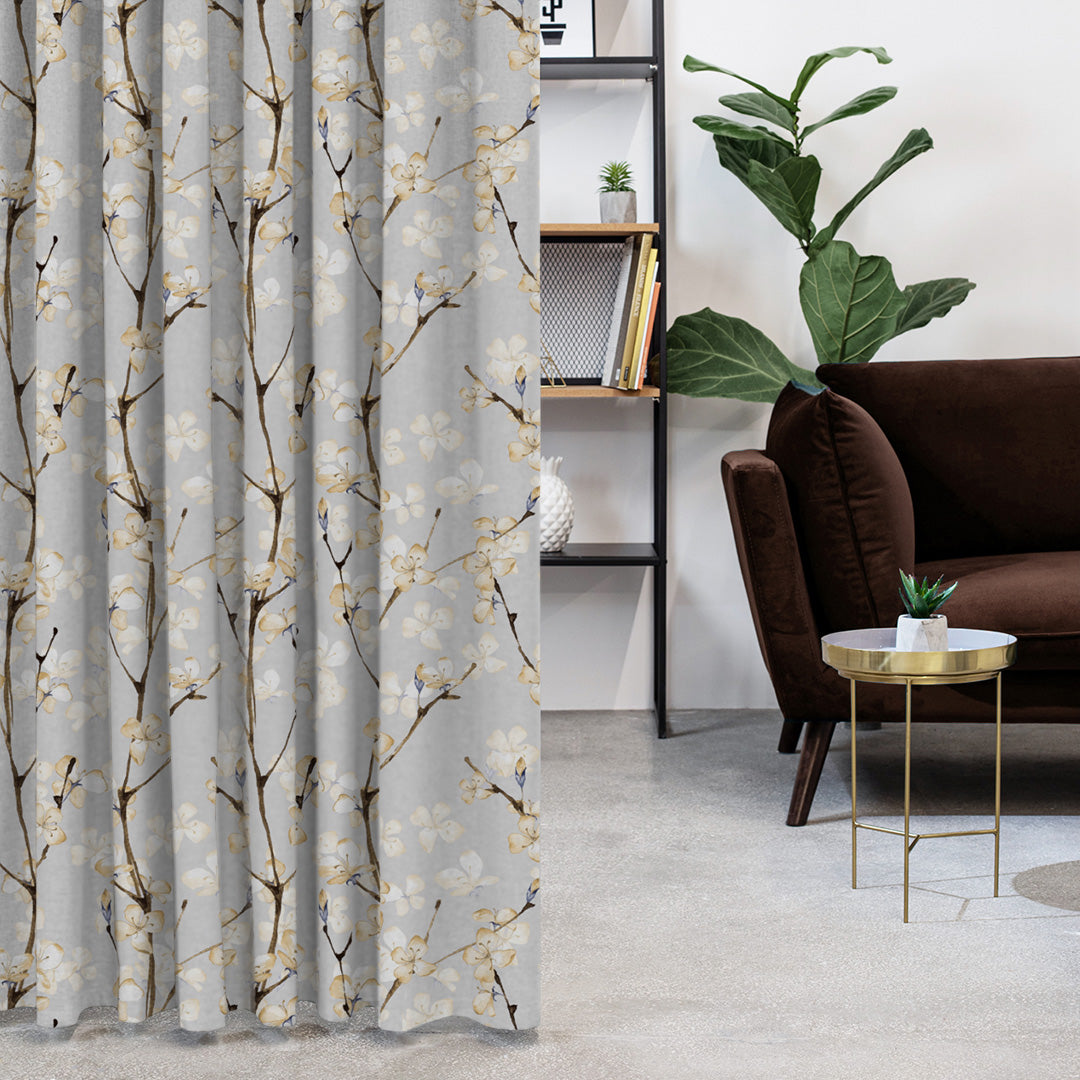 Cherry Charm Floral Pastel Yellow Heavy Satin Blackout curtains Set Of 2 - (DS263B)