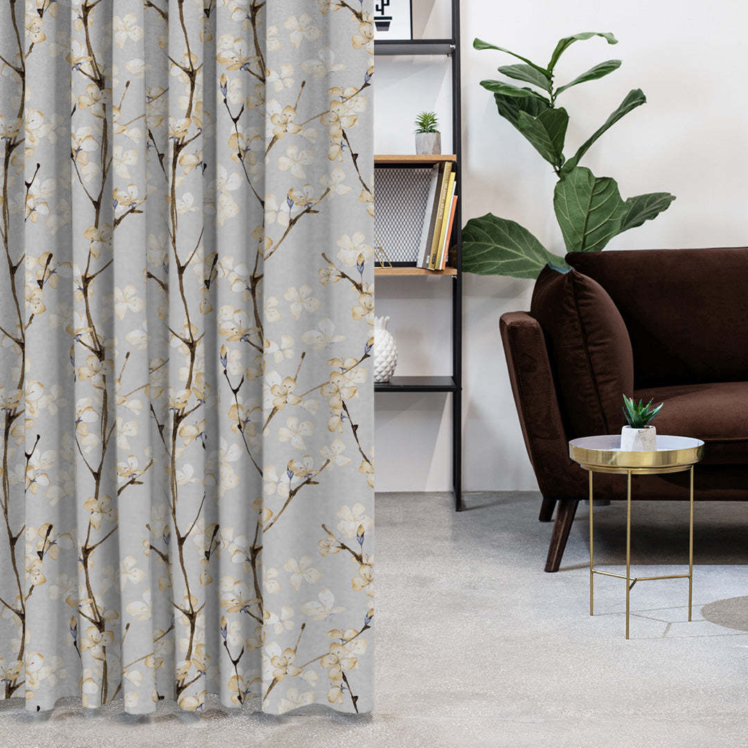 Cherry Charm Floral Pastel Yellow Heavy Satin Blackout curtains Set Of 2 - (DS263B)