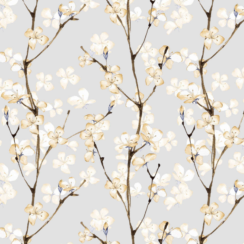 Cherry Charm Floral Pastel Yellow Heavy Satin Blackout curtains Set Of 2 - (DS263B)