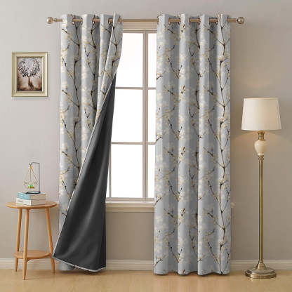 Cherry Charm Floral Pastel Yellow Heavy Satin Blackout curtains Set Of 2 - (DS263B)
