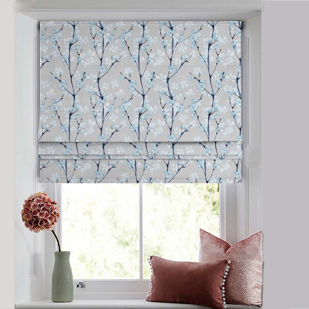 Cherry Charm Floral Sky Blue Satin Roman Blind (DS263C)