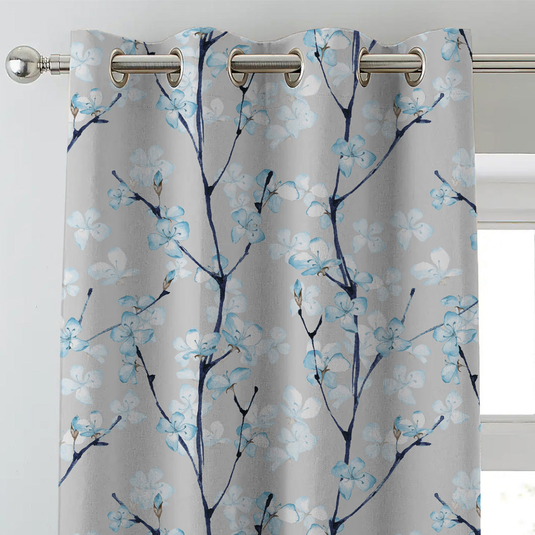 Cherry Charm Floral Sky Blue Heavy Satin Blackout Curtains Set Of 2 - (DS263C)