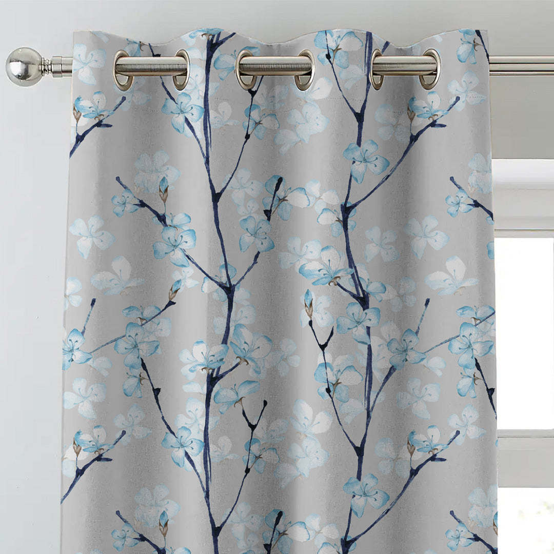 Cherry Charm Floral Sky Blue Heavy Satin Blackout Curtains Set Of 2 - (DS263C)