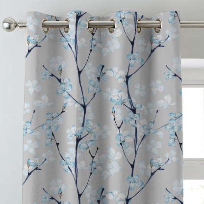Cherry Charm Floral Sky Blue Heavy Satin Blackout Curtains Set Of 2 - (DS263C)