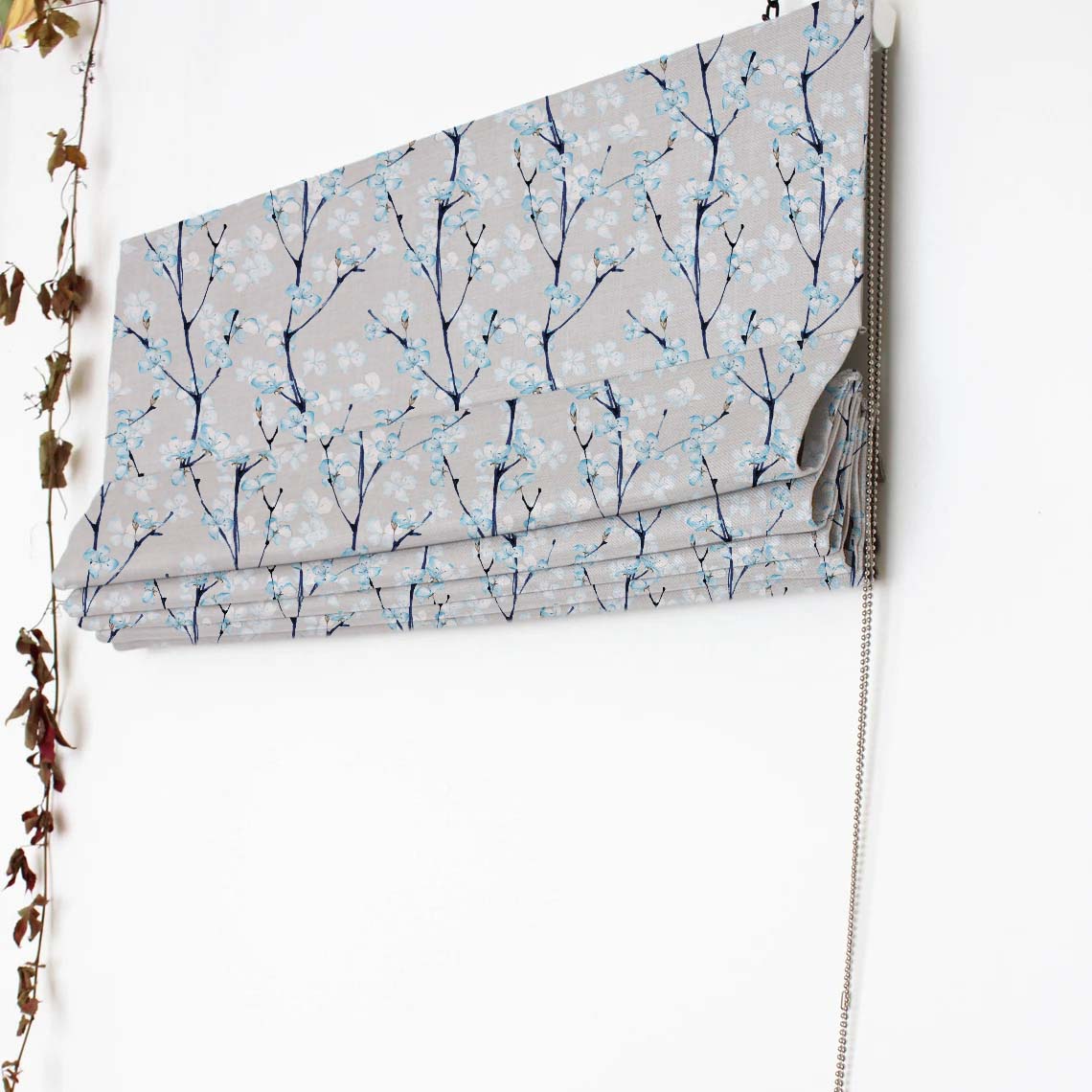 Cherry Charm Floral Sky Blue Satin Roman Blind (DS263C)