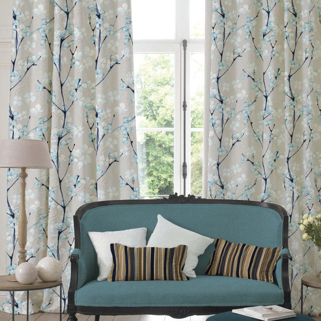 Cherry Charm Floral Sky Blue Heavy Satin Blackout Curtains Set Of 2 - (DS263C)