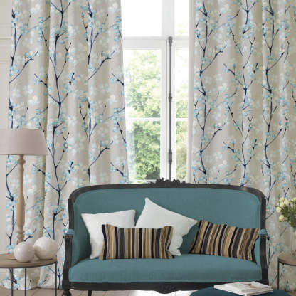 Cherry Charm Floral Sky Blue Heavy Satin Blackout Curtains Set Of 2 - (DS263C)